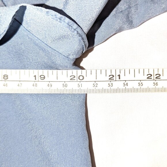 BCBGMAZAZRIA | Satin Blue Long Sleeve Ruffle Shoulder Keyhole Blouse | Medium - Picture 9 of 12